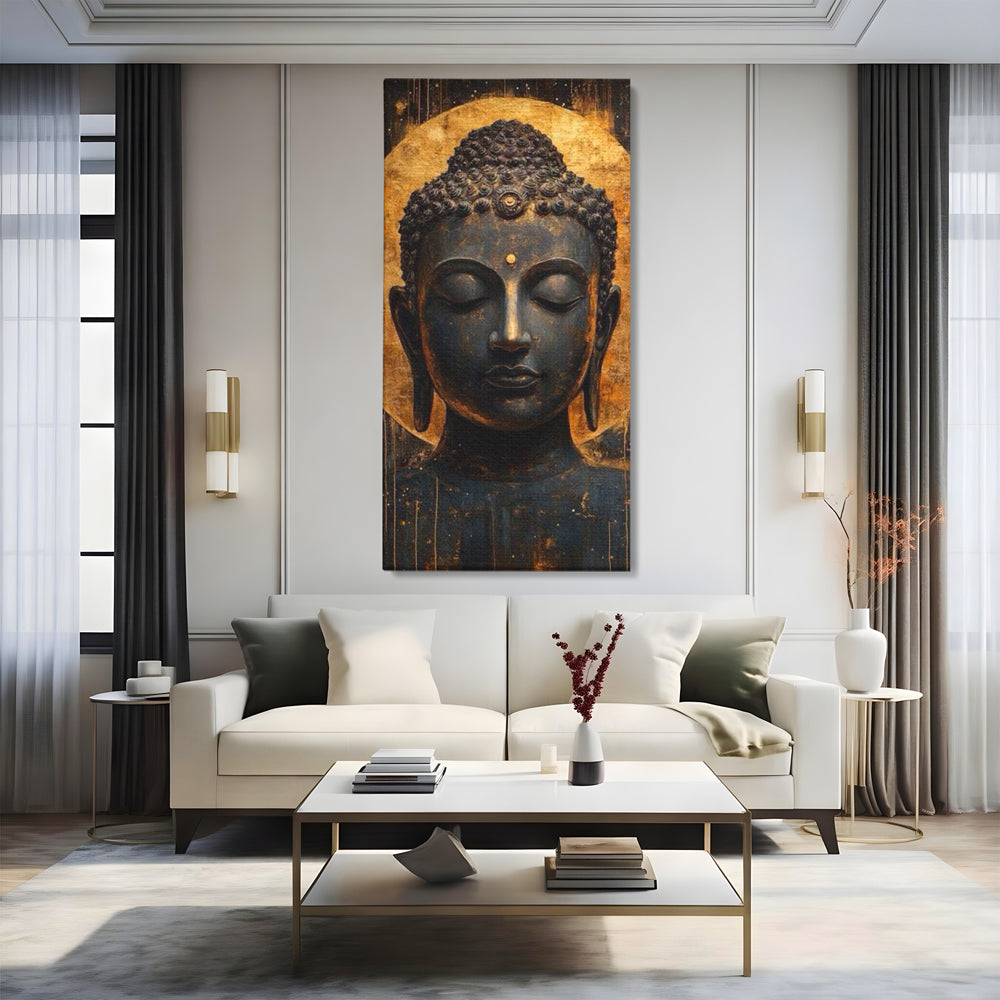 Tablou canvas cu tablou canvas cu capul lui buddha, fara rama, pe sasiu de lemn, pe perete intr-un living
